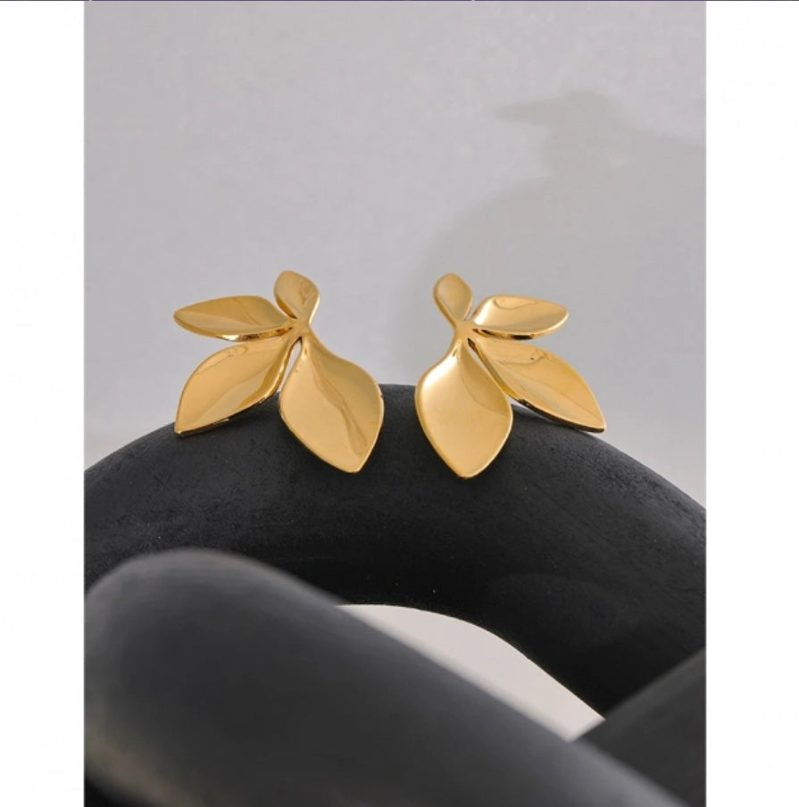 Polished Leaf Branch Stud Earrings