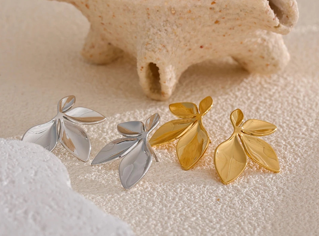 Polished Leaf Branch Stud Earrings