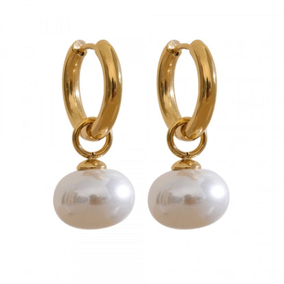 Button Pearl Dangle Hoop Earrings