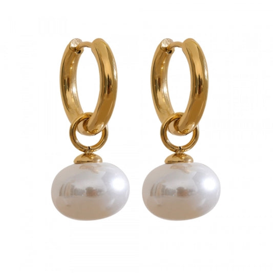 Button Pearl Dangle Hoop Earrings