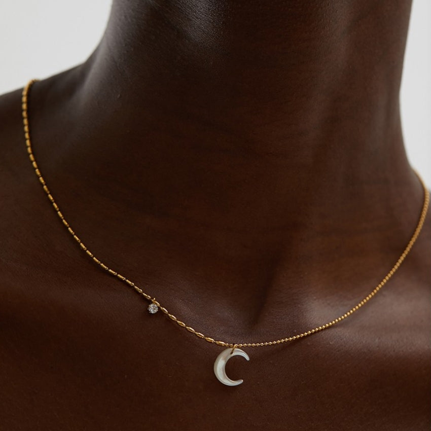 Moon Shell CZ Ball Chain Necklace