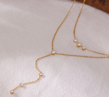 Lariat CZ Double Chain Necklace